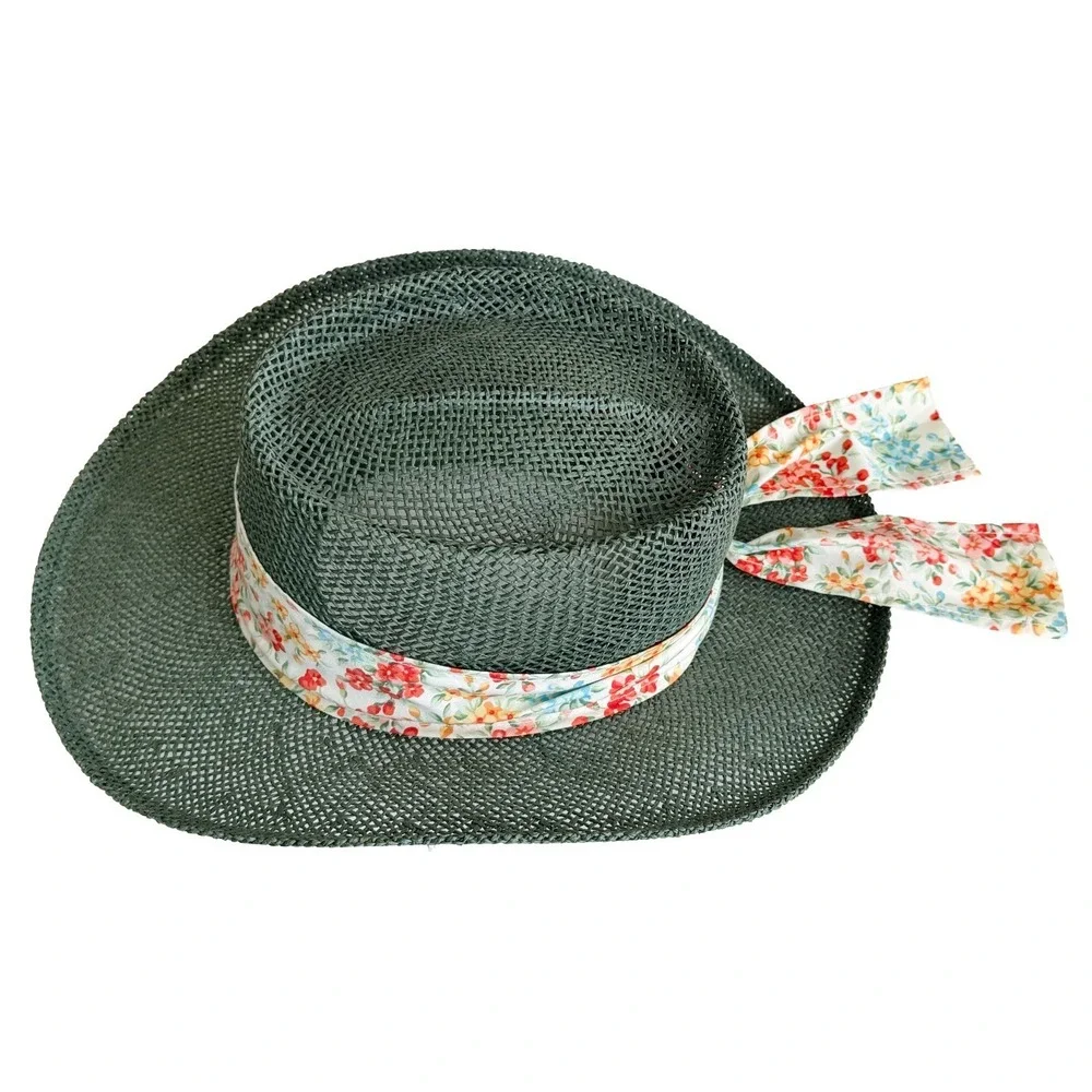 Vintage Straw Mesh Golf Hat Dark Green Floral Band One Size Whimsy Cottagecore